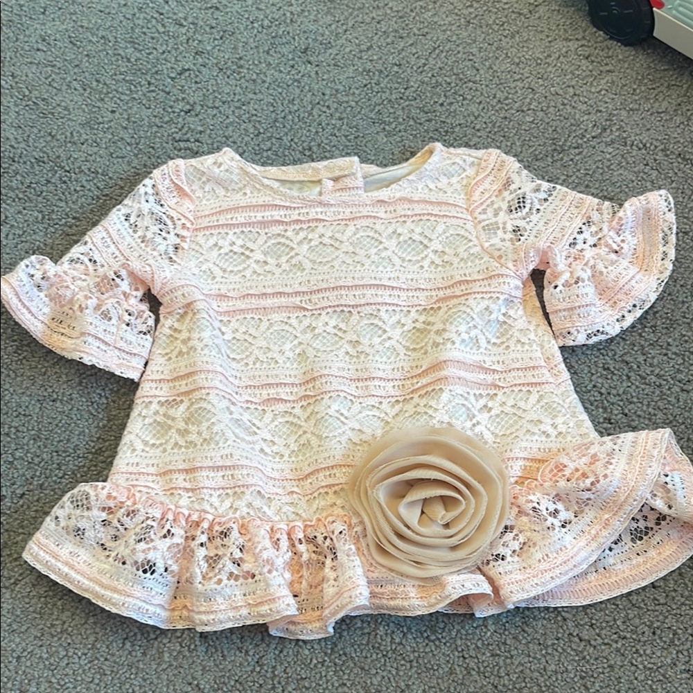 Vintage-Inspired Pink and Cream Lace Blouse with Floral Ruffles